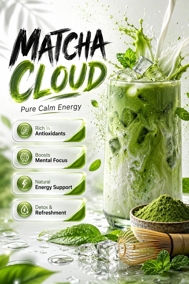 Ultra-realistic premium matcha beverage advertisement poster design, luxury wellness drink campaign style, clean white b