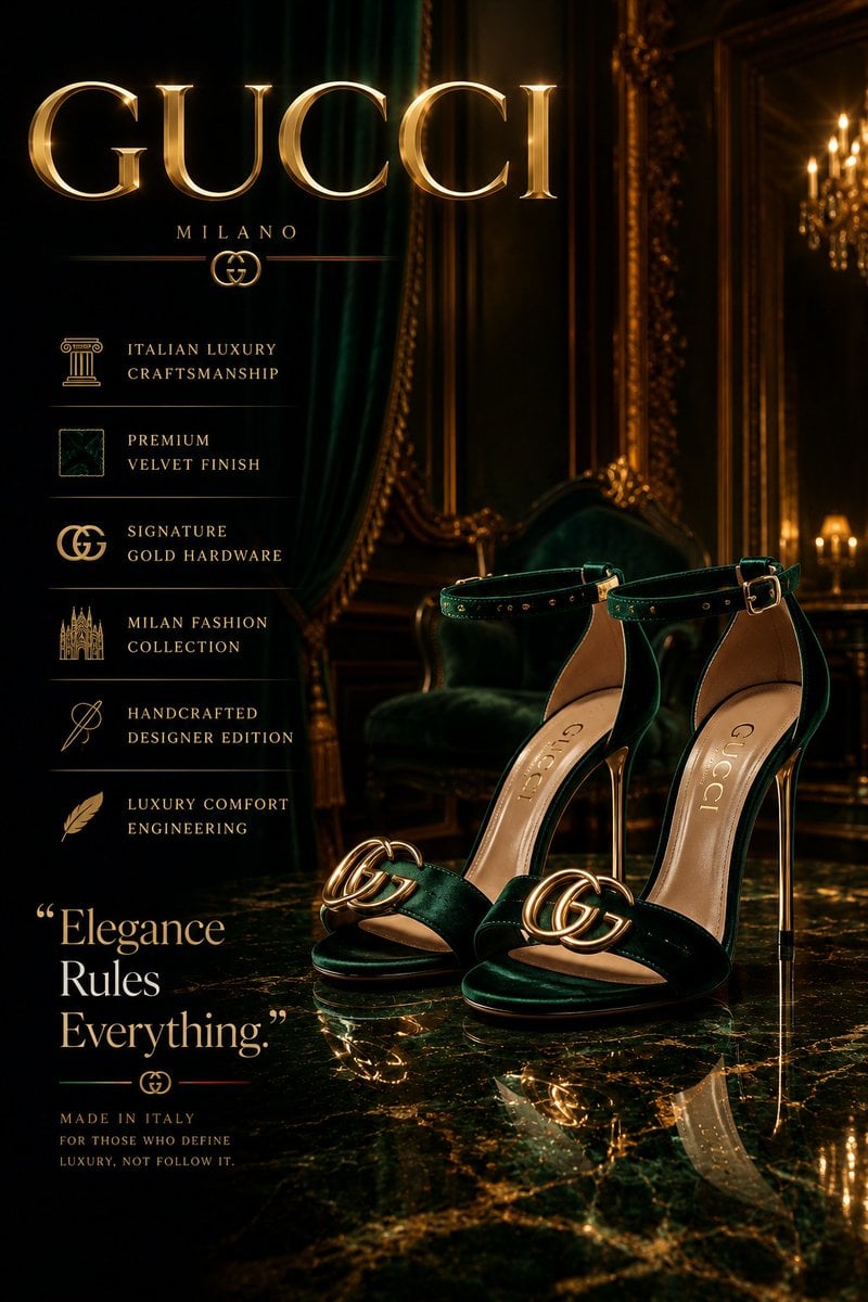Create an ultra-premium luxury fashion advertisement poster for designer high heels inspired by [Hero Subject: Vogue Ara