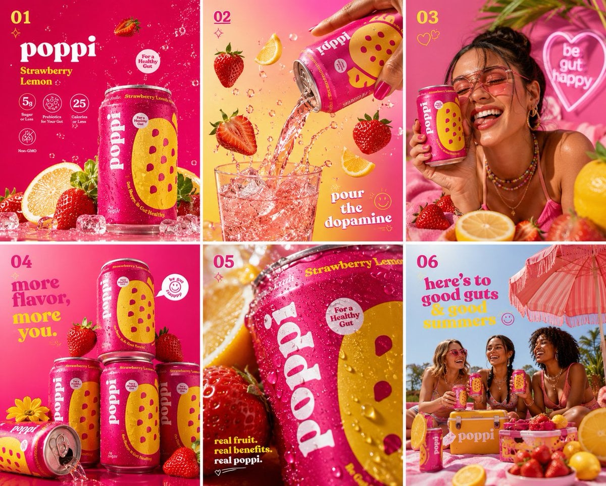 Ultra vibrant [Hero Subject: Poppi Strawberry Lemon] soda hero shot, hot pink seamless background, oversized glossy stra
