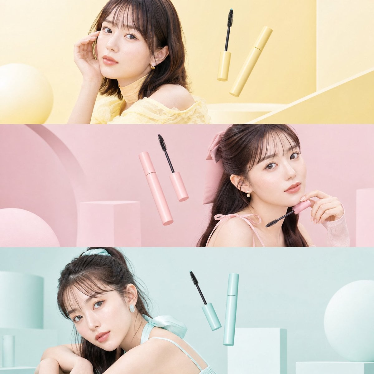 Ultra-premium Japanese beauty editorial collage, three fashionable young women stacked vertically in separate pastel col