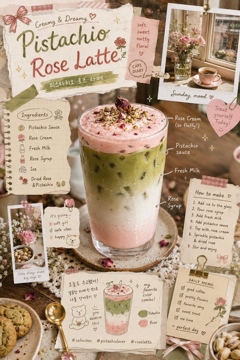 rose latte aesthetic, layered iced pistachio drink with rose cream foam and milk gradients, ultra-realistic beverage pho