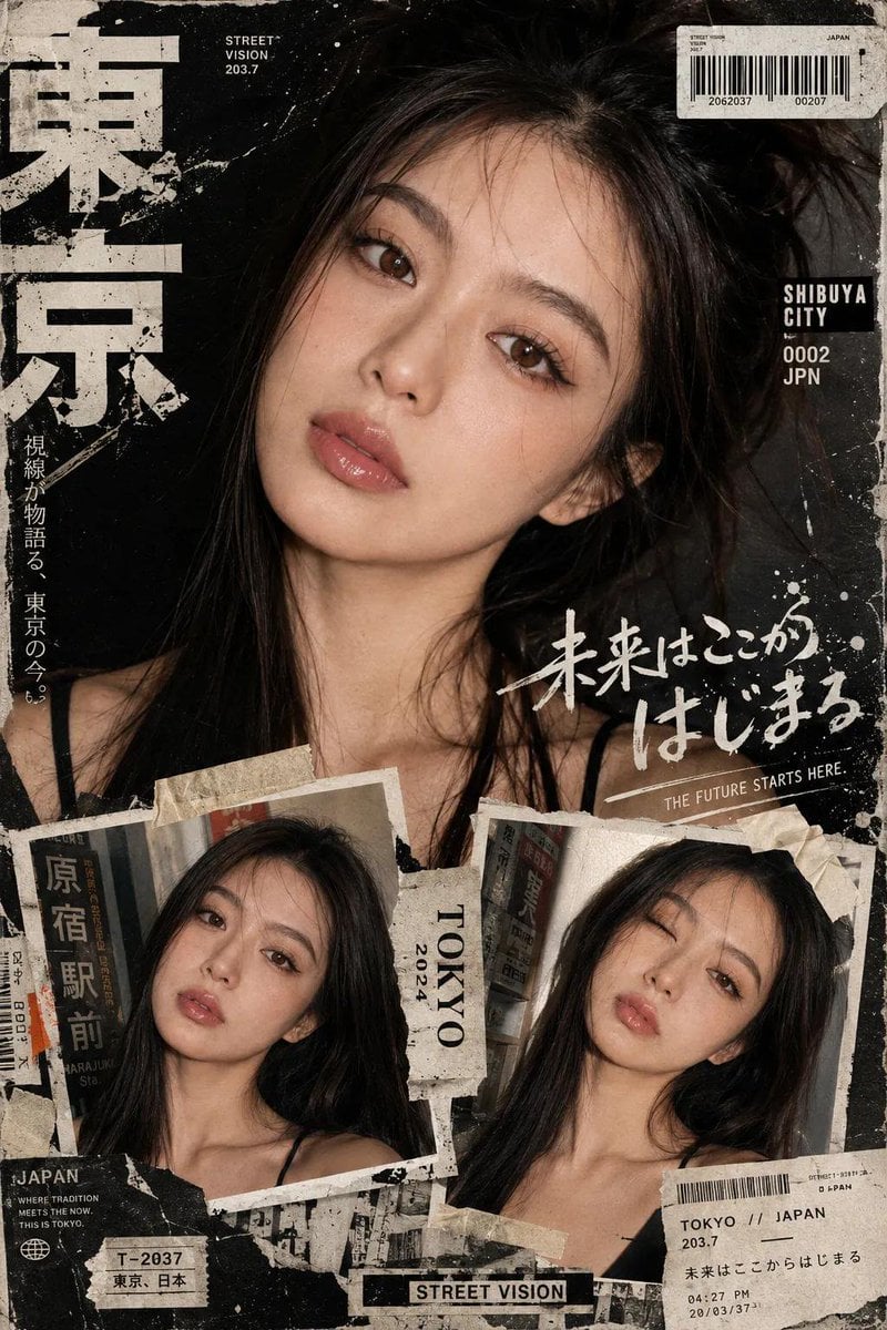 Create a bold Y2K Japanese street-editorial collage poster with a clean high-fashion magazine aesthetic, gritty paper te