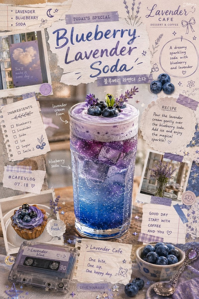 Vintage-inspired blueberry lavender soda scrapbook poster, dreamy artisanal cafe advertisement aesthetic, sparkling laye