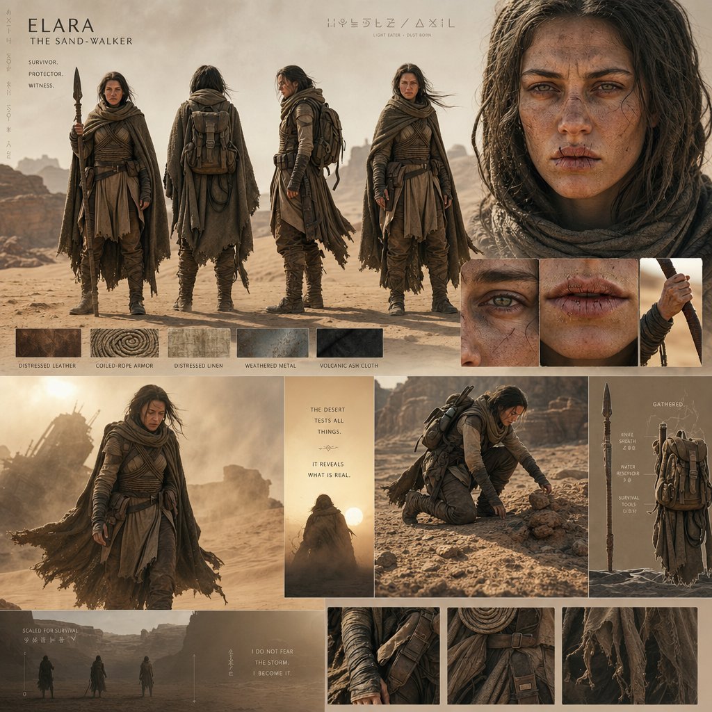 An epic desert-world cinematic character board with monumental scale and atmospheric realism. Warm golden dust storms, h