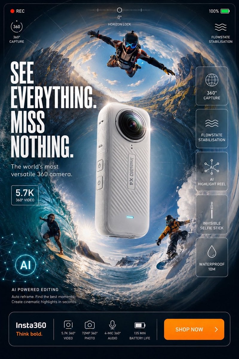 Ultra-high-end commercial product advertisement poster for [Hero Subject: GoPro HERO] action camera, 
shot in the style 