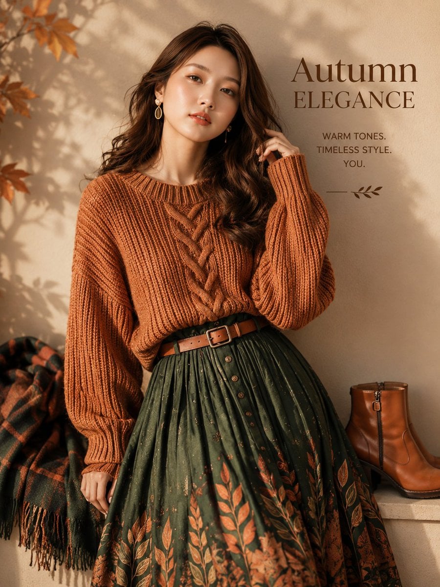 Ultra-realistic autumn fashion editorial poster featuring a beautiful [Hero Subject: East Asian] woman posing indoors ag