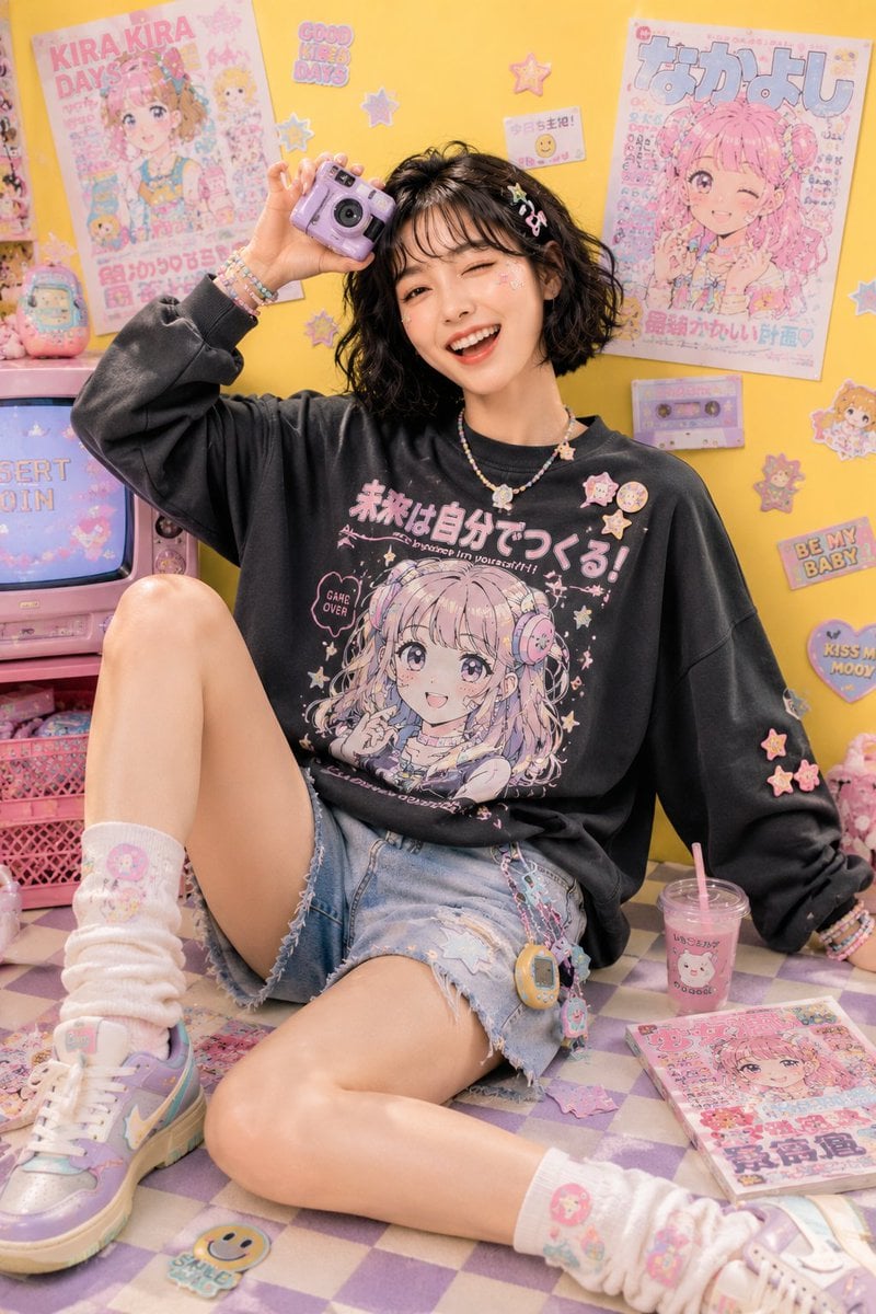 Playful kawaii-inspired studio fashion editorial featuring a cheerful young Asian woman with a fluffy short bob haircut 
