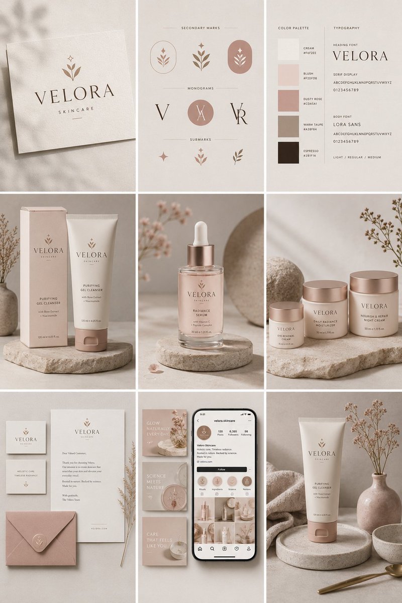 Create a complete brand identity presentation for an original premium skincare brand called [Campaign Name: VELORA]. Sho