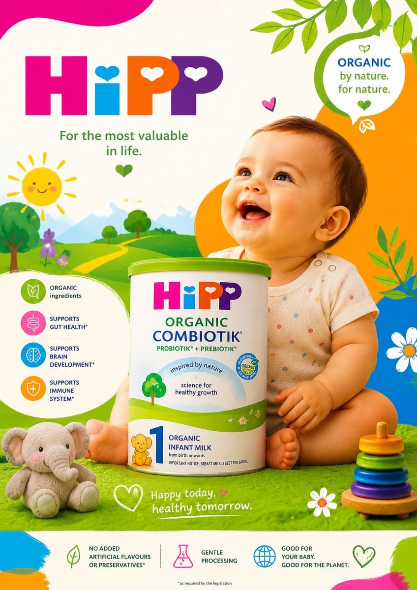 Ultra-premium commercial baby formula advertisement poster for a famous infant milk brand, hyper-realistic smiling baby 