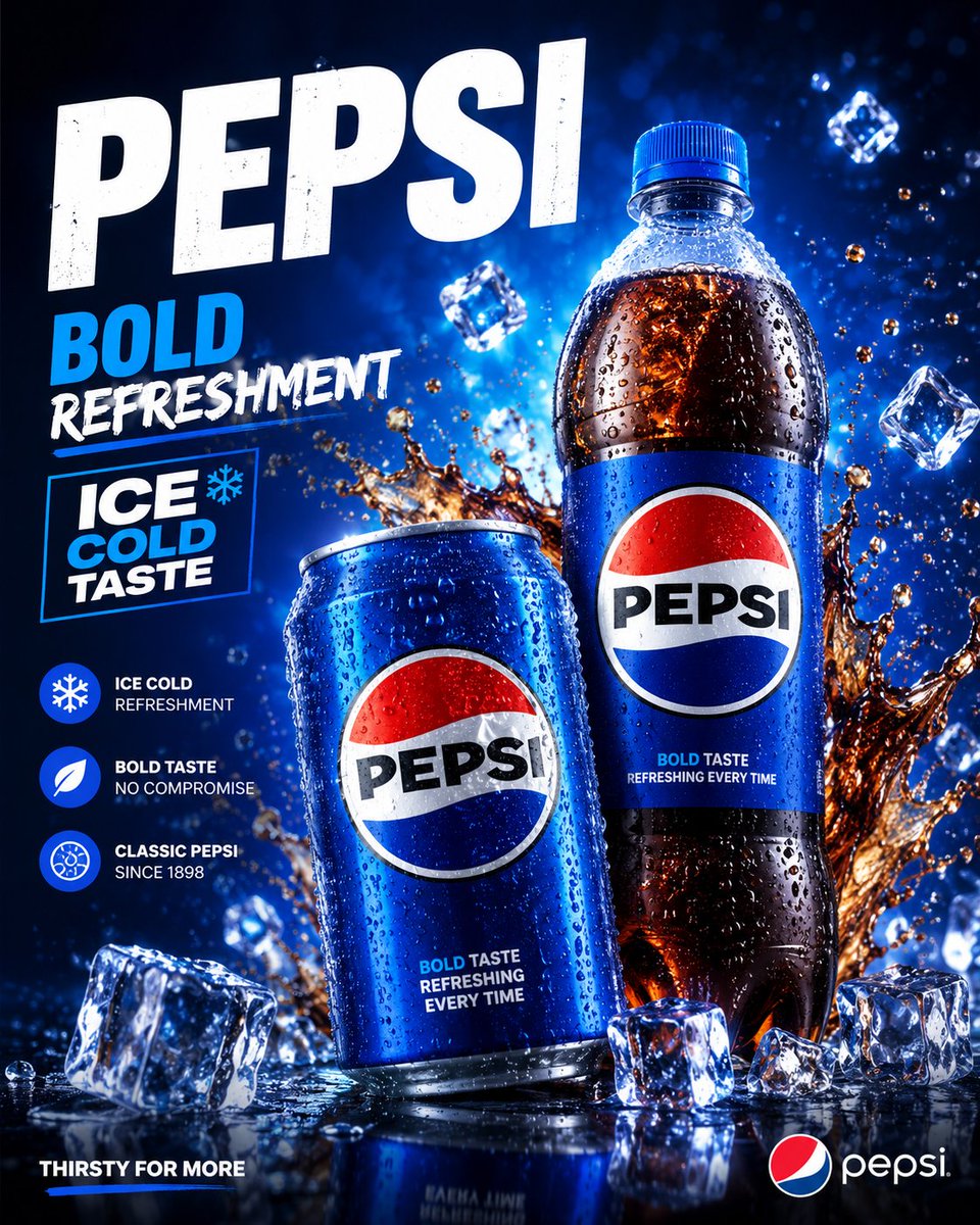 Create a premium Pepsi drinks packaging advertisement poster with a bold, refreshing, and high-end commercial style. Pla