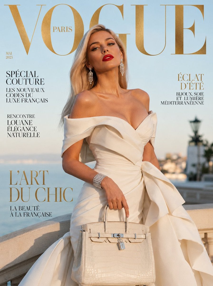 Ultra-realistic luxury fashion magazine cover featuring an elegant French woman with sharp bone structure, posing confid