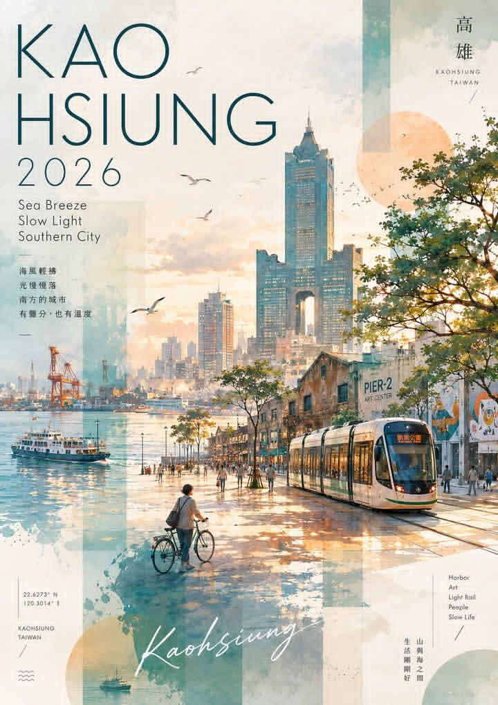 Watercolor and collage travel poster for Kaohsiung, Taiwan, vertical layout, soft pastel and warm golden hour color [Pri