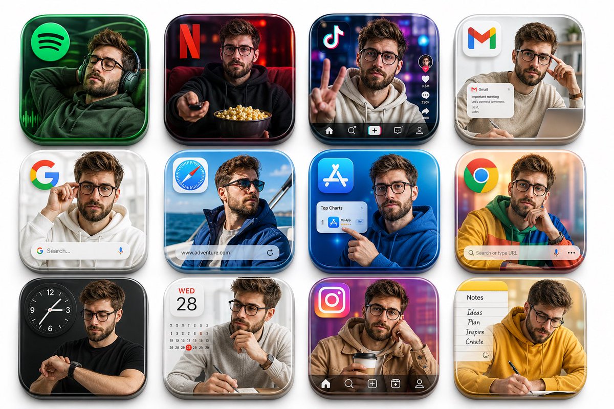 Create a premium 3D grid of 12 square app icons arranged neatly on a clean white studio background. Each icon should loo