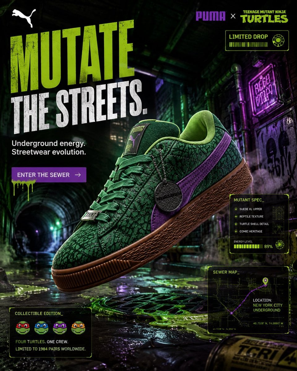 FORMAT:
4:5 vertical premium sneaker SMM campaign
hyper-realistic streetwear advertising
luxury comic-culture fashion ed
