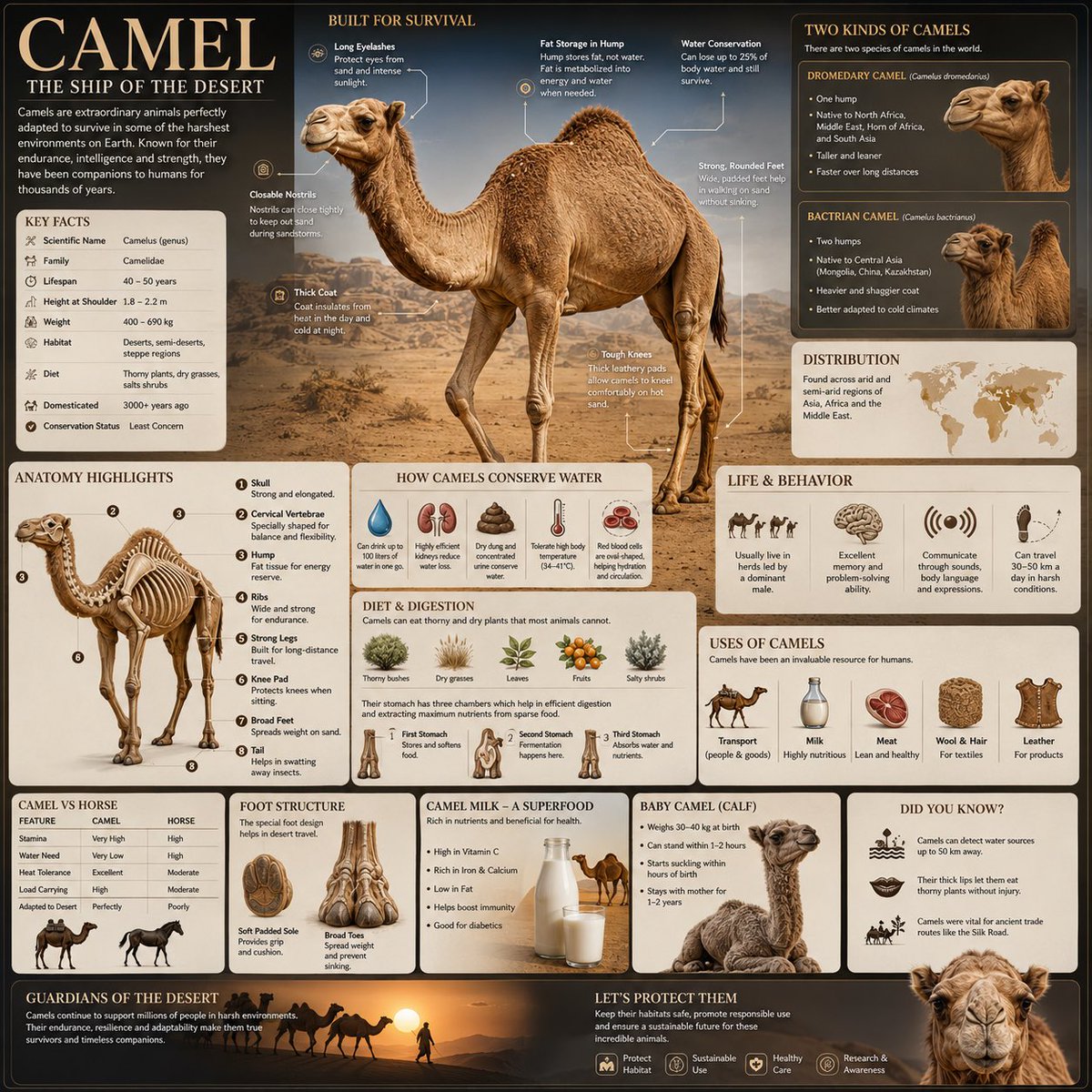 Create a premium square [Title: reference-style wildlife infographic] centered around the camel, designed as a beautiful