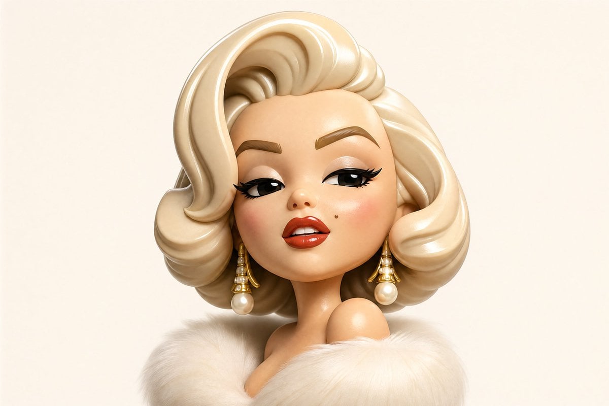 Transform the uploaded portrait into a highly stylized 3D cartoon avatar with a glossy smooth vinyl/plastic texture, min