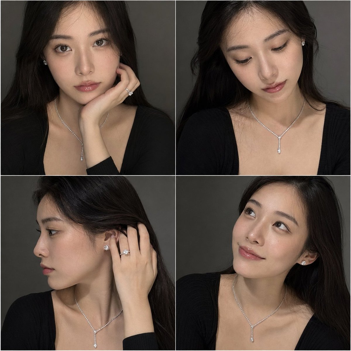 {
  "objective": "Create a 2x2 portrait grid of an extremely beautiful Japanese woman with luxury jewelry, captured in a