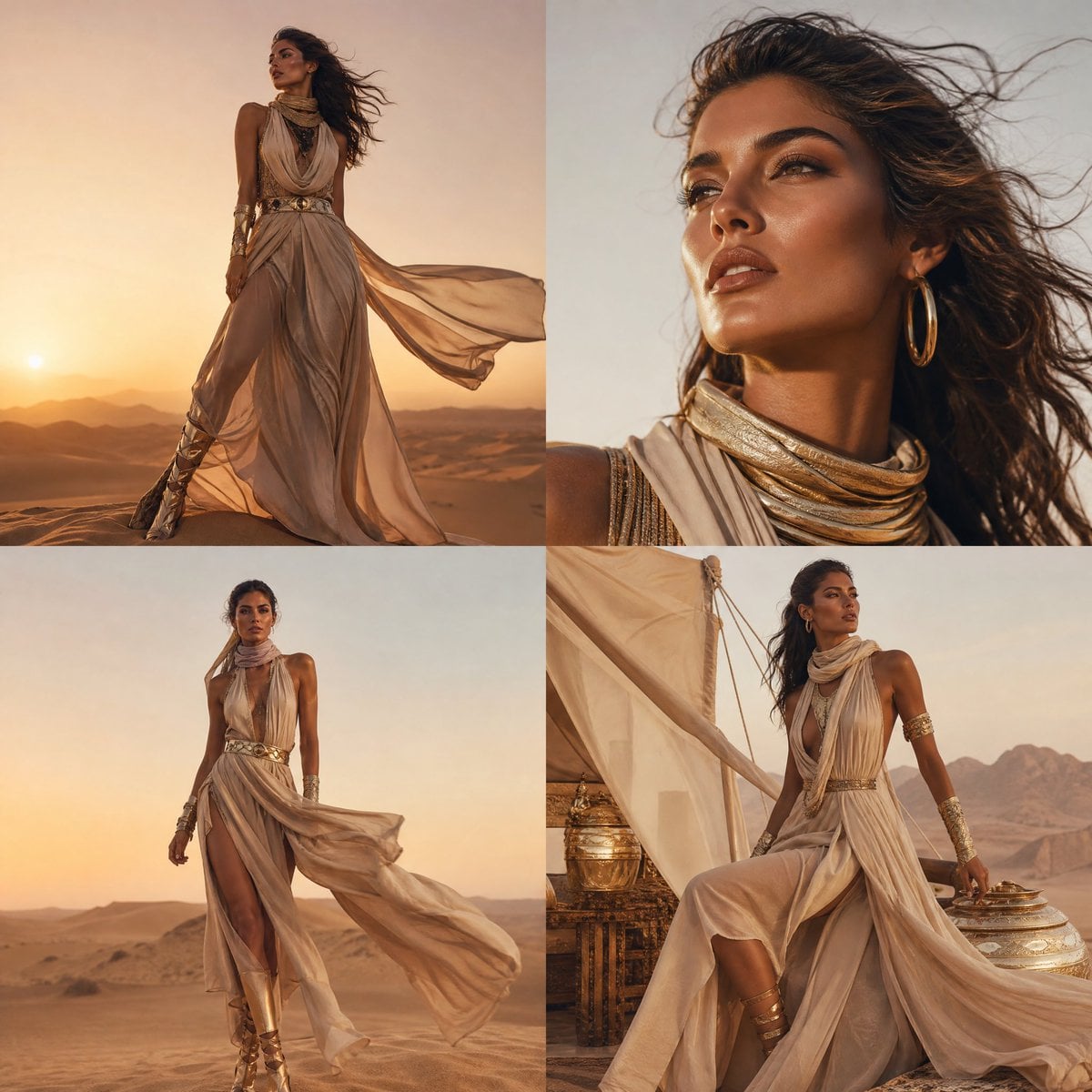 A high-fashion cinematic desert shoot inspired by Vogue editorial styling. The character is a supermodel adventurer wear