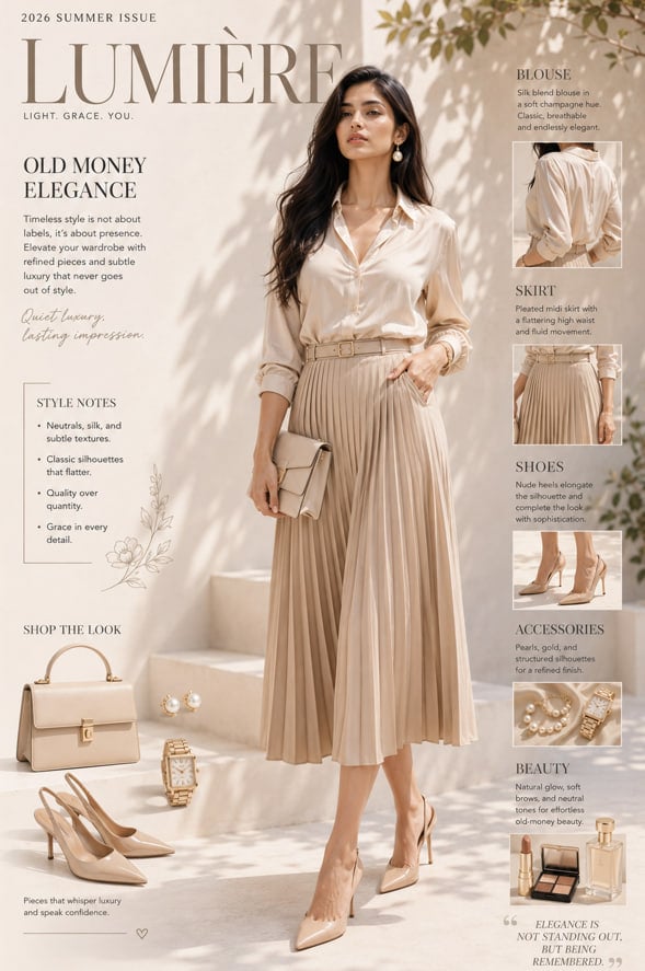 A high-fashion editorial cover featuring an elegant Indian model in a sunlit minimalist courtyard with soft botanical sh
