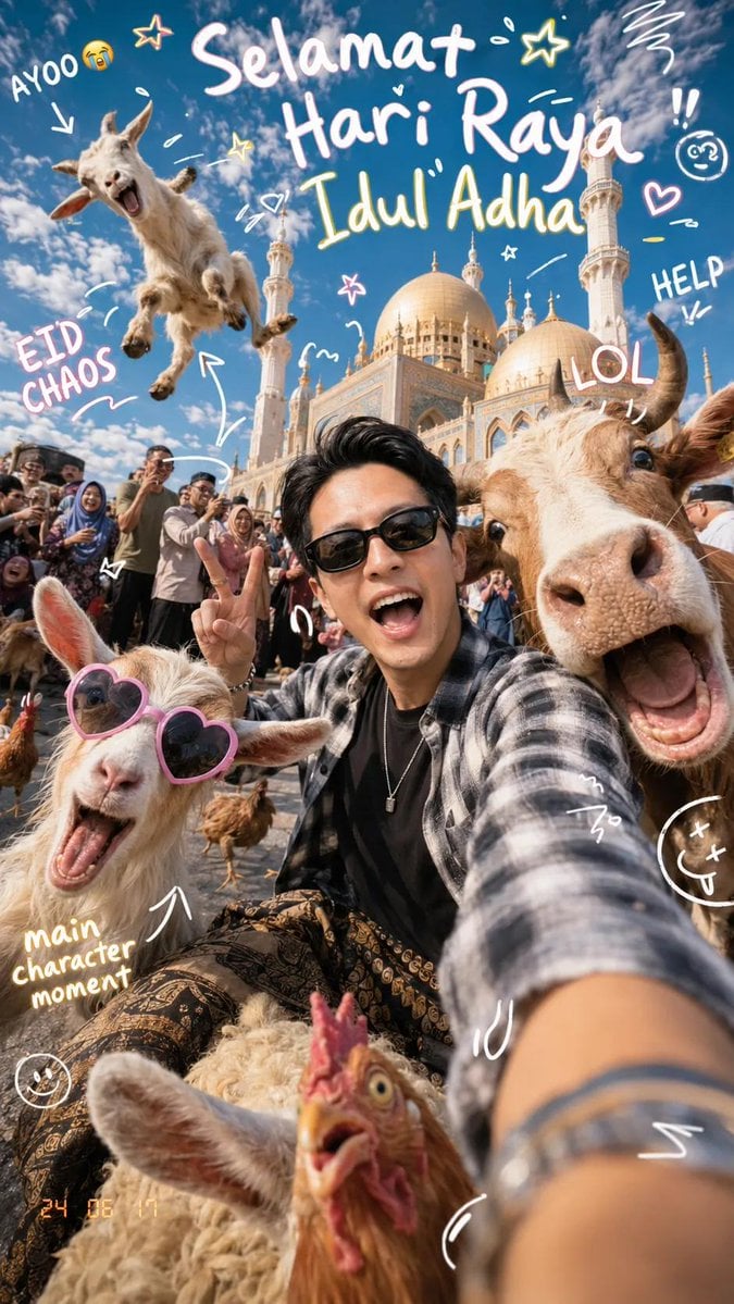 Ultra-realistic super cute chaotic Eid al-Adha selfie photograph in front of a dreamy pastel-toned grand mosque during b