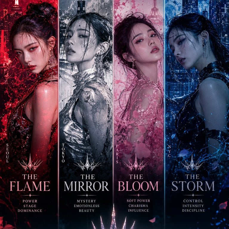 Ultra-premium K-pop comeback concept featuring a four-member global girl group embodying luxury chaos, emotional power, 