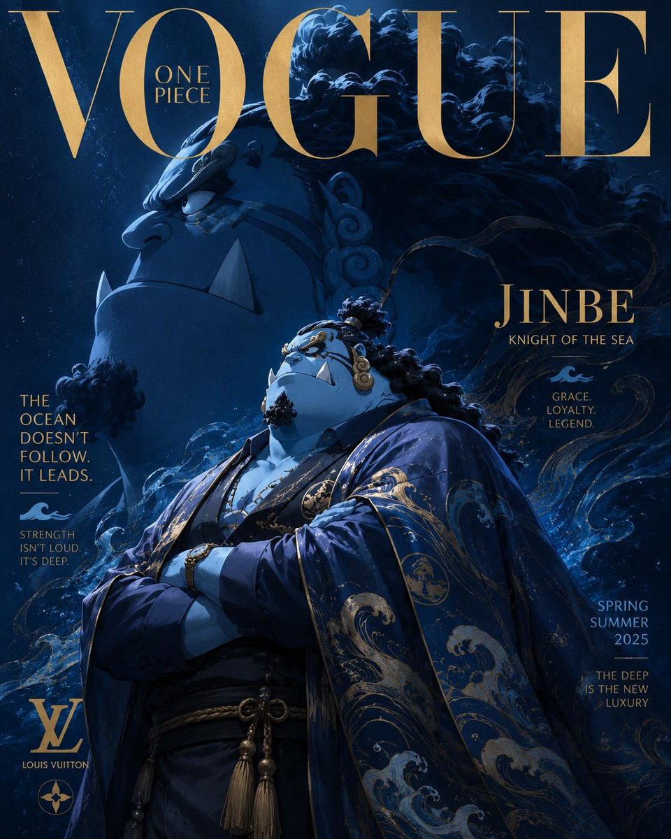 Luxury anime fashion magazine cover inspired by Vogue and haute couture editorials, [Hero Subject: One Piece] character 