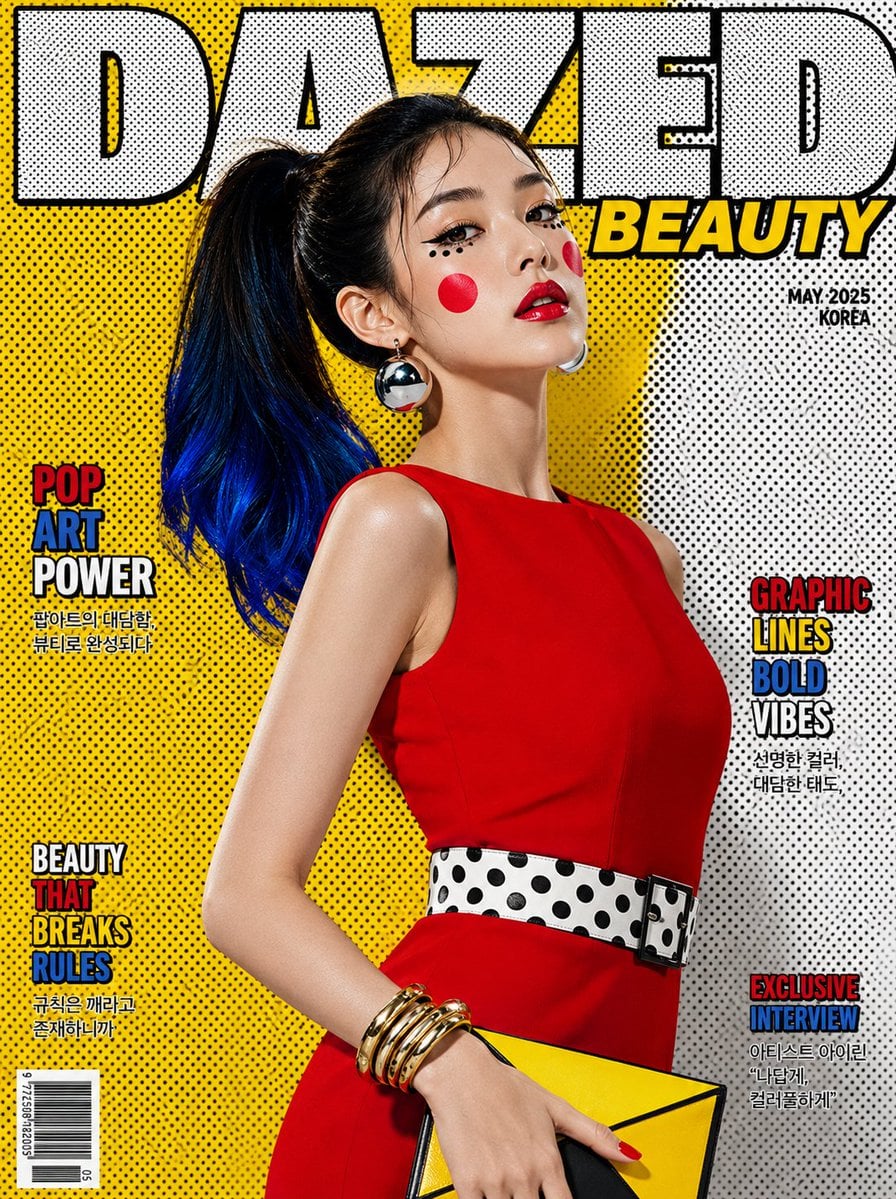 Ultra-realistic pop-art luxury beauty magazine cover featuring a striking Korean woman in a bold [Hero Subject: Roy Lich