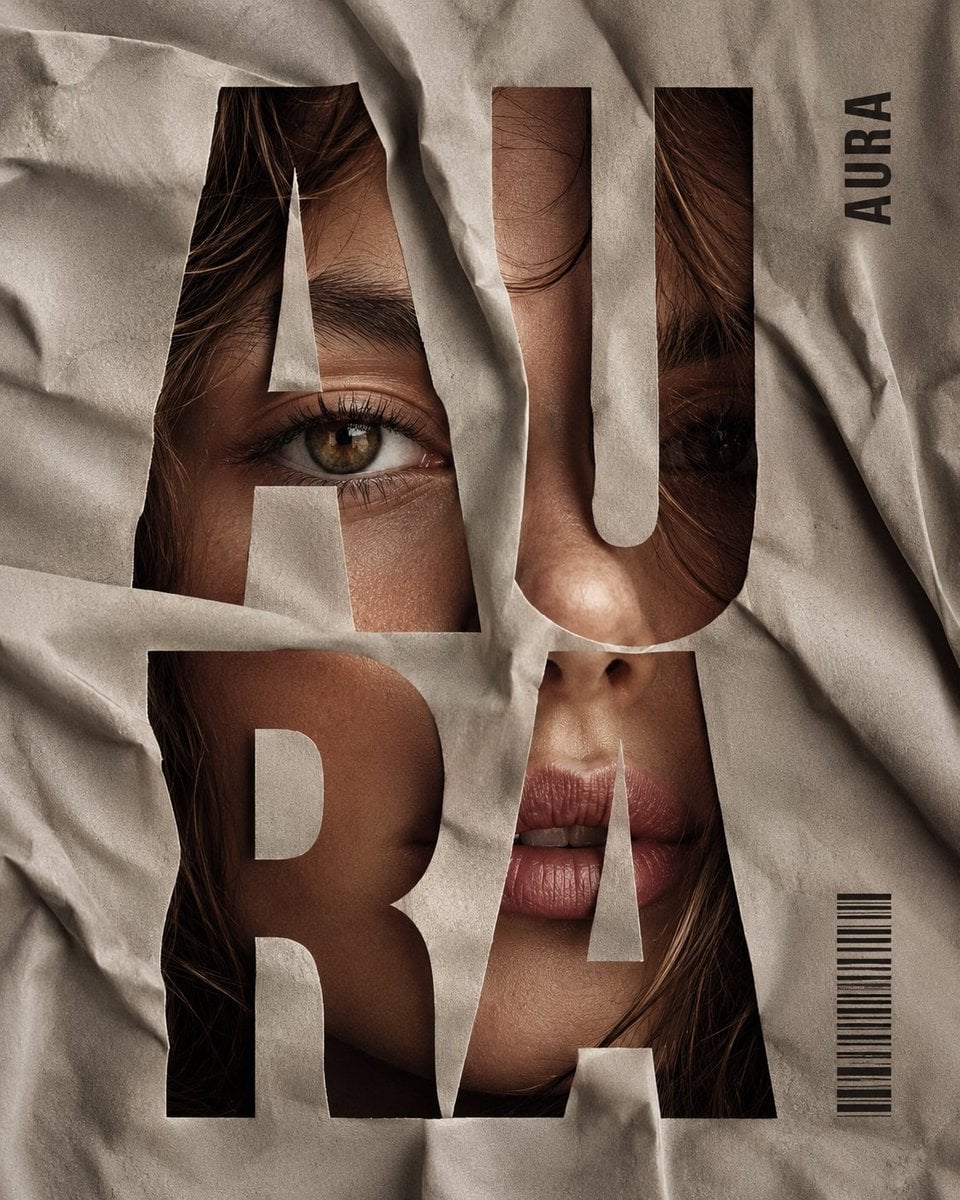 Vertical editorial poster portrait of [CHARACTER] with [HAIR], face tightly framed behind crumpled [FABRIC], oversized b