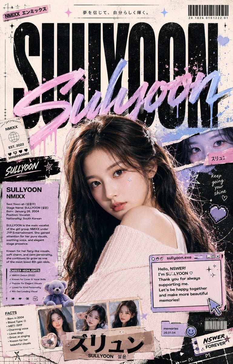 Create an ultra-premium modern Japanese street-art editorial poster featuring [SULYOON- NMIXX] as the main subject.

Aut
