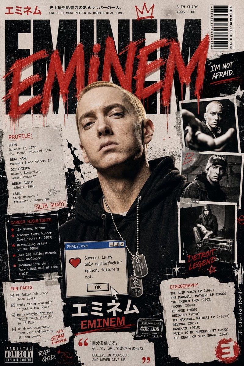 Create an ultra-premium modern Japanese street-art editorial poster featuring [EMINEM] as the main subject.

Automatical