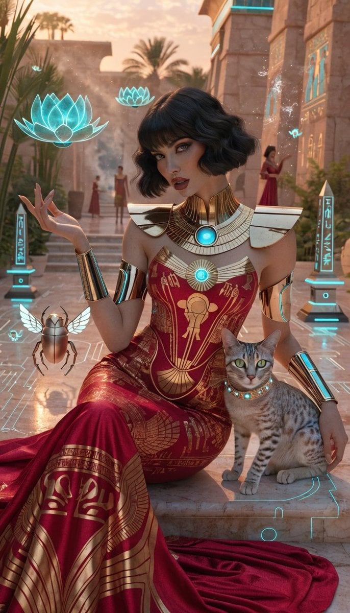 Photorealistic retro-futuristic Egyptian cyberpunk queen seated regally on polished temple steps in a pristine ancient E