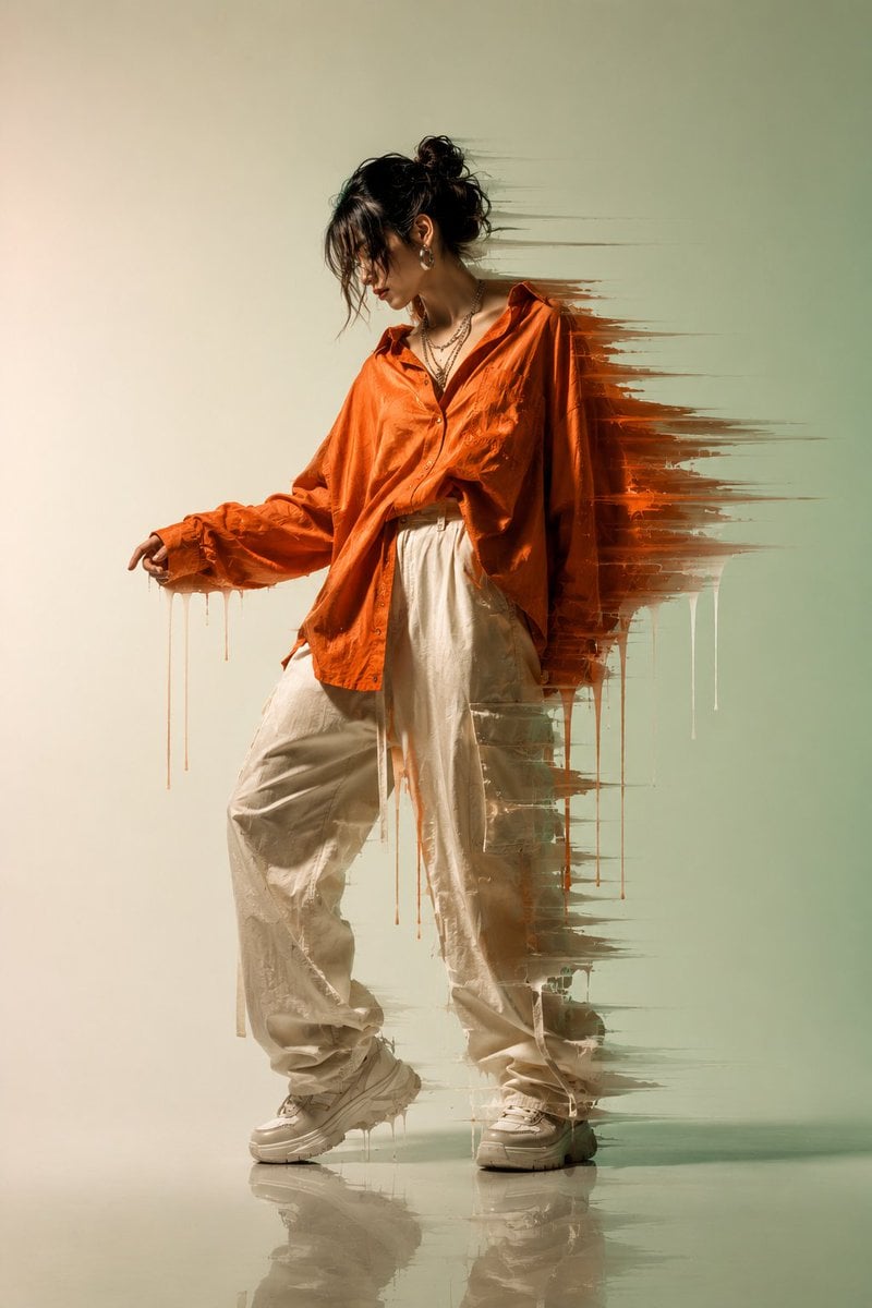 A cinematic editorial portrait of a stylish young woman standing in a confident yet soft dynamic pose, head slightly low