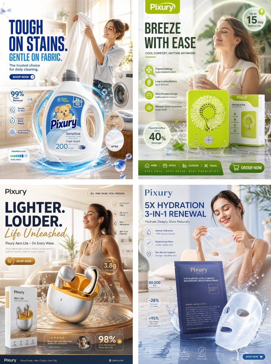 premium daily necessities social media marketing poster, hyper-realistic commercial product photography, dual layout fit
