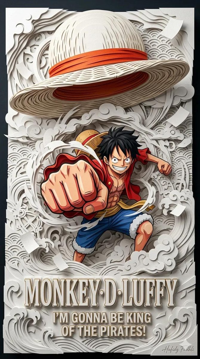 Ultra-detailed 3D layered papercraft anime poster, dynamic anime hero emerging from intricate paper-cut waves and swirli
