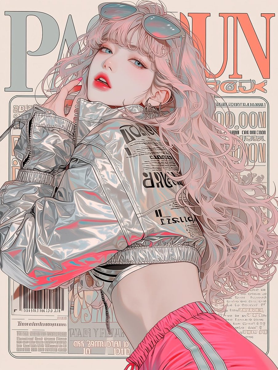 A magazine cover design featuring a [여/남], wearing a metallic silver cropped puffer jacket, neon [색상] low-rise track pan