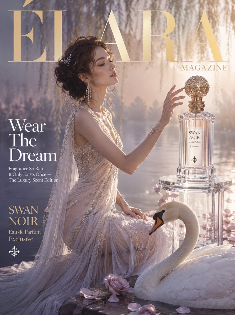 ÉLARA MAGAZINE — luxury fashion cover editorial

An ethereal woman in a floor-length ivory gown beside a graceful white 