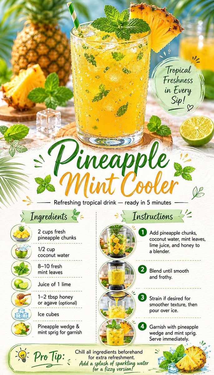 Create a beautiful, vertical recipe card for [Brand Name: Pineapple Mint Cooler] as a vibrant summer refresher. Use a cl