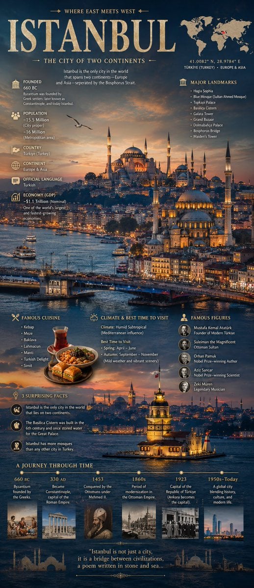 A cinematic editorial infographic poster for [city name], featuring the city’s most iconic skyline, landmark, or panoram