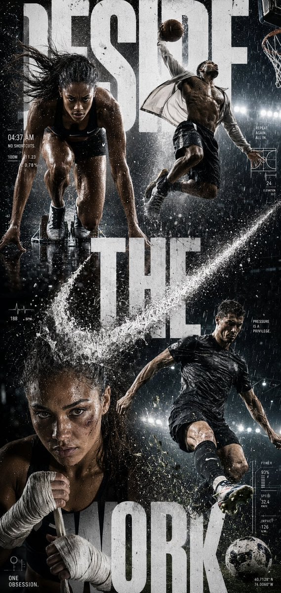 Create a hyper-realistic global sportswear campaign poster titled:
[Title: DESIRE THE WORK.]
IMPORTANT:
This should NOT 