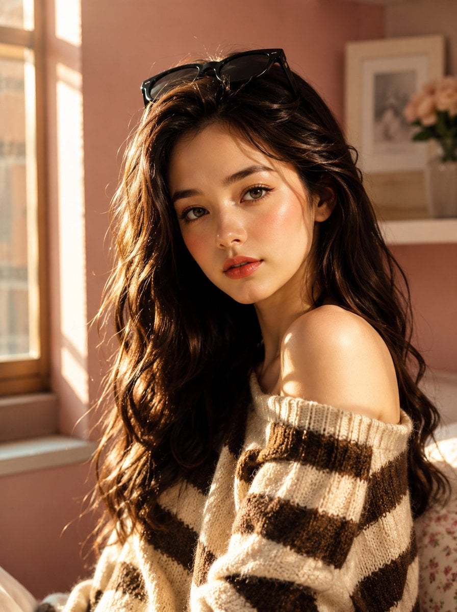 Create an ultra-realistic Korean beauty lifestyle portrait of a charming young woman in a cozy sunlit room. She has long