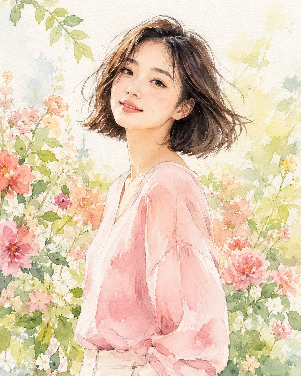 Fashion editorial watercolor portrait illustration of a young Korean man and woman with a soft blown bob haircut, wearin