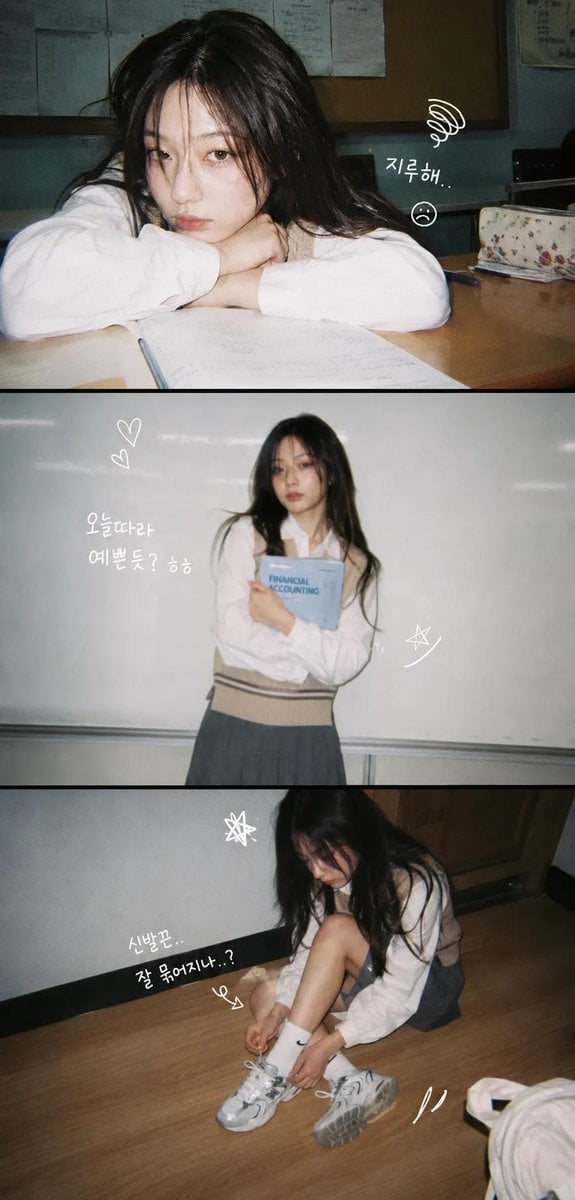 A vertical 3-panel college photo strip. The subject is a girl with long hair in a beige knit vest. Panel 1(top): close u