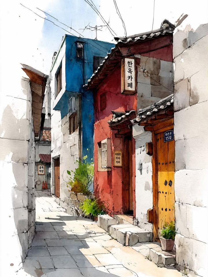 Watercolor urban sketch, narrow alley in traditional Korean hanok village. Red traditional house with wooden door and ti