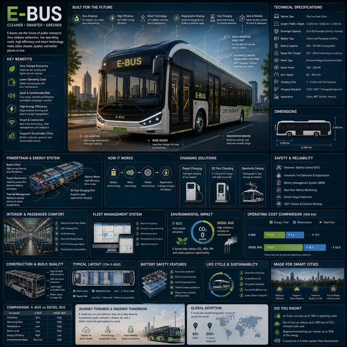 Create a premium square [Title: reference-style sustainable transportation infographic] centered around a futuristic ele