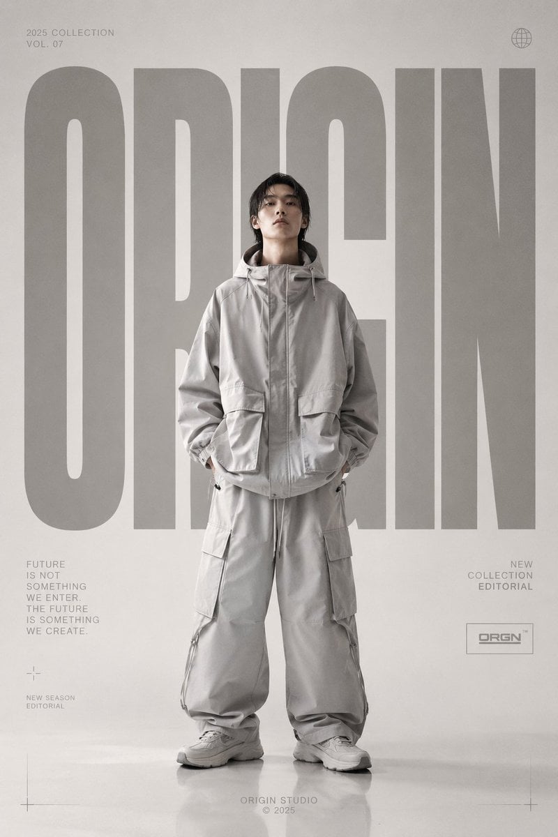 Premium high-fashion editorial poster for [BRAND NAME], full-body fashion model centered, oversized luxury streetwear ou