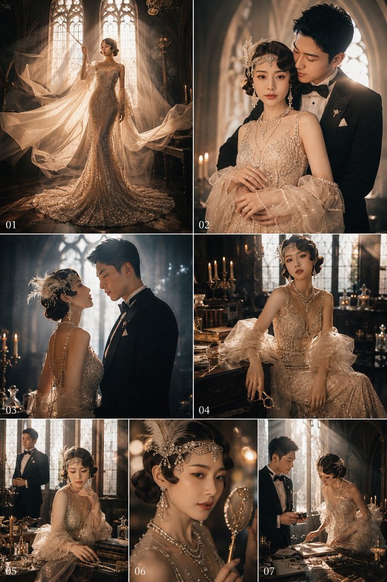 请基于用户上传的两位成年人清晰生活照，生成一张「Gatsby 风格 / 1920s [Hero Subject: Art Deco] 风格」的超高预算婚纱写真。

请严格保留两个人的真实身份特征，包括脸型、五官比例、眼睛、鼻子、嘴唇、肤色、