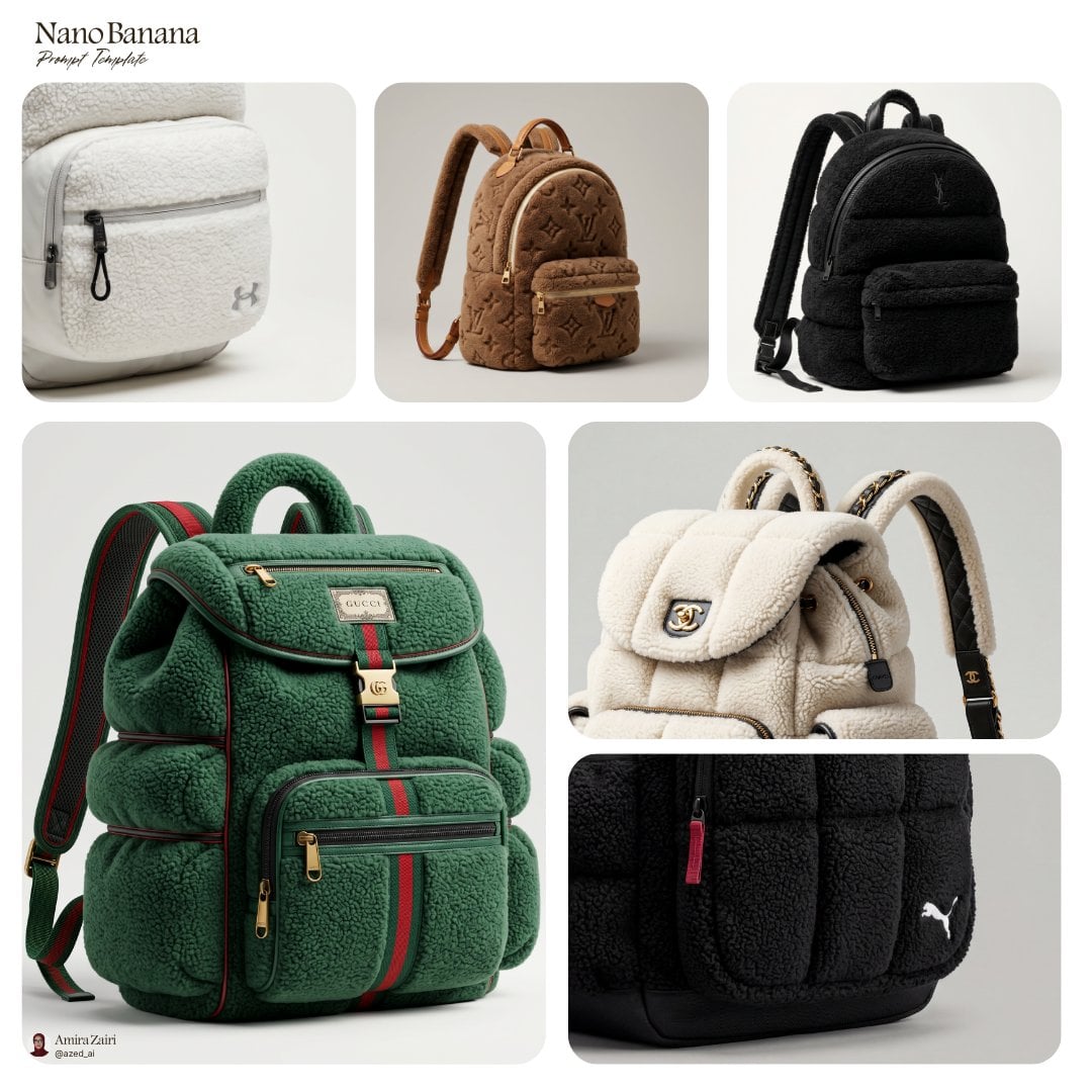 Ultra-detailed hyper-realistic studio photograph of a plush padded backpack designed in the aesthetic language of [brand