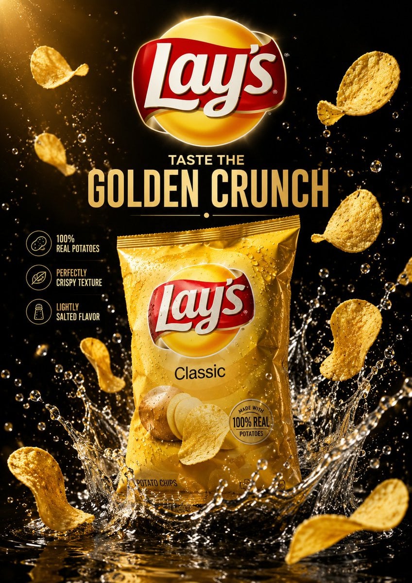 Create an ultra-premium luxury advertising poster for a famous snack brand, designed by a world-class graphic designer, 