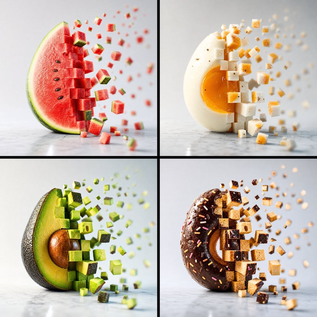 Minimalist food photograph — a single [Food] sits on a cool white honed-marble surface, captured at the exact instant of