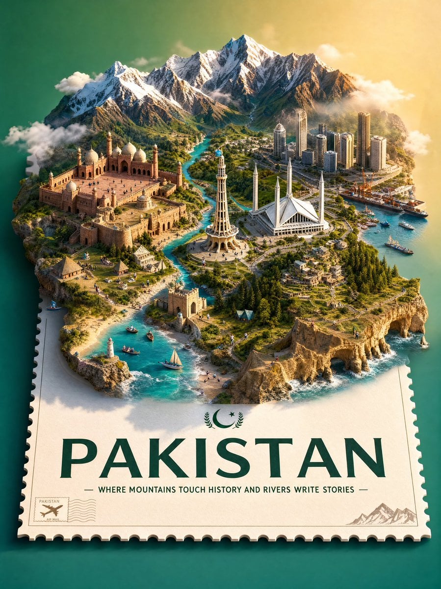 Create a premium stylized 3D isometric travel poster of Pakistan designed as a floating miniature world placed on top of